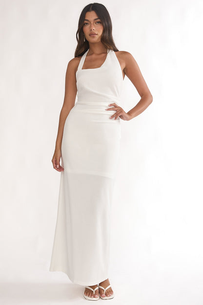 Evenings Asymmetric Halter Maxi Dress White