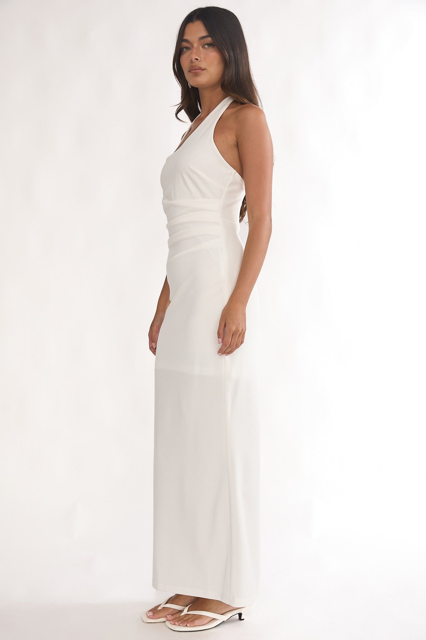 Evenings Asymmetric Halter Maxi Dress White