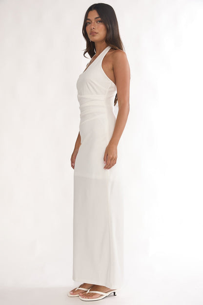 Evenings Asymmetric Halter Maxi Dress White