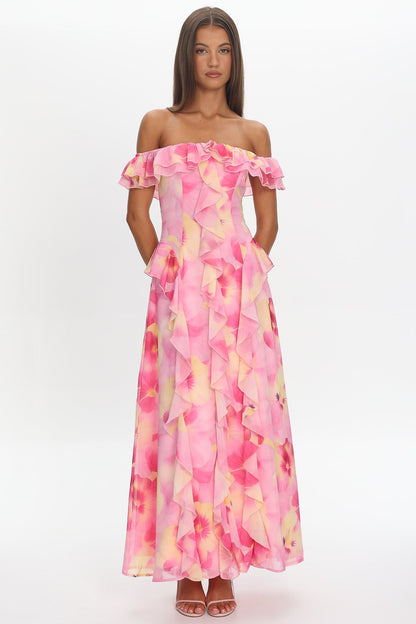 Scarlet Off-Shoulder Ruffle Trim Maxi Dress Print Pink