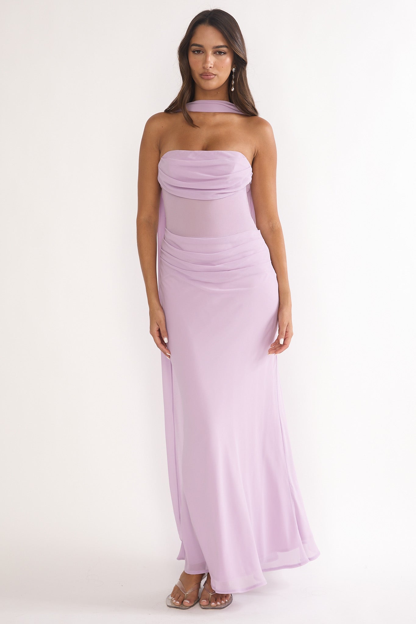 Unforgettable Day Drape Waist Strapless Maxi Dress Lilac