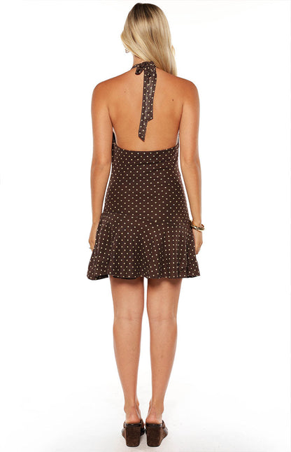 Billy Brown Polka Dot Cowl Mesh Mini Dress