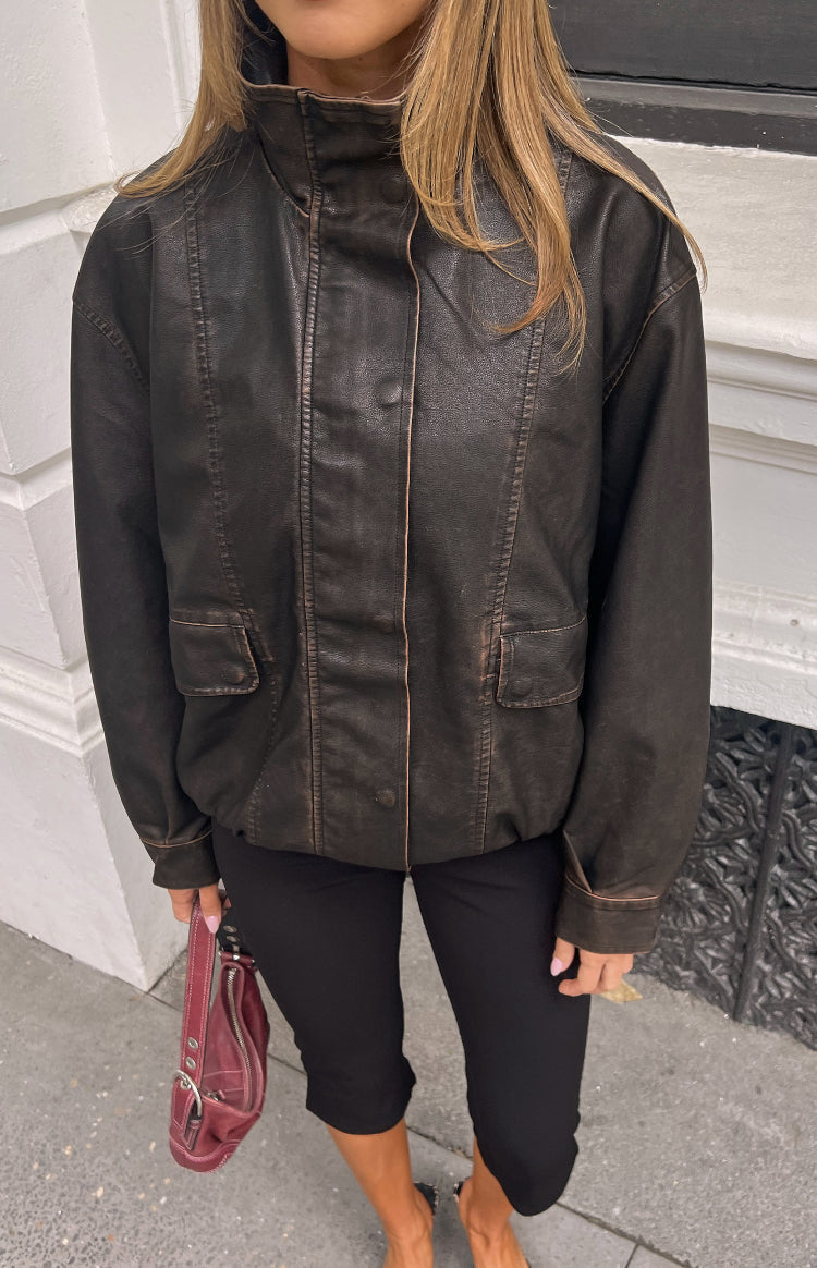 Blakely Brown Funnel Neck PU Jacket