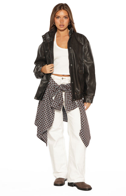 Blakely Brown Funnel Neck PU Jacket