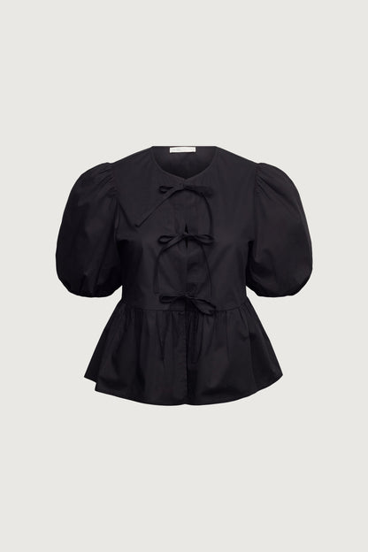 PUFF SLEEVE COTTON POPLIN BOW FRONT BLOUSE