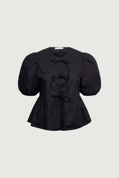 PUFF SLEEVE COTTON POPLIN BOW FRONT BLOUSE