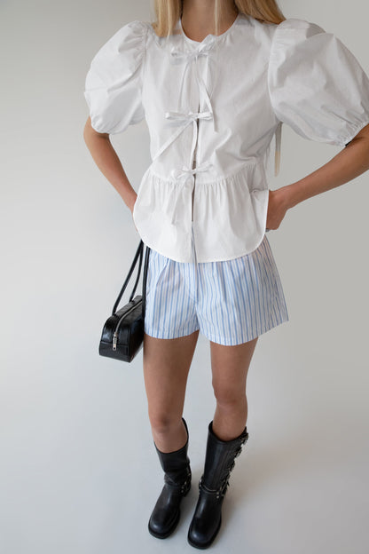 PUFF SLEEVE COTTON POPLIN BOW FRONT BLOUSE