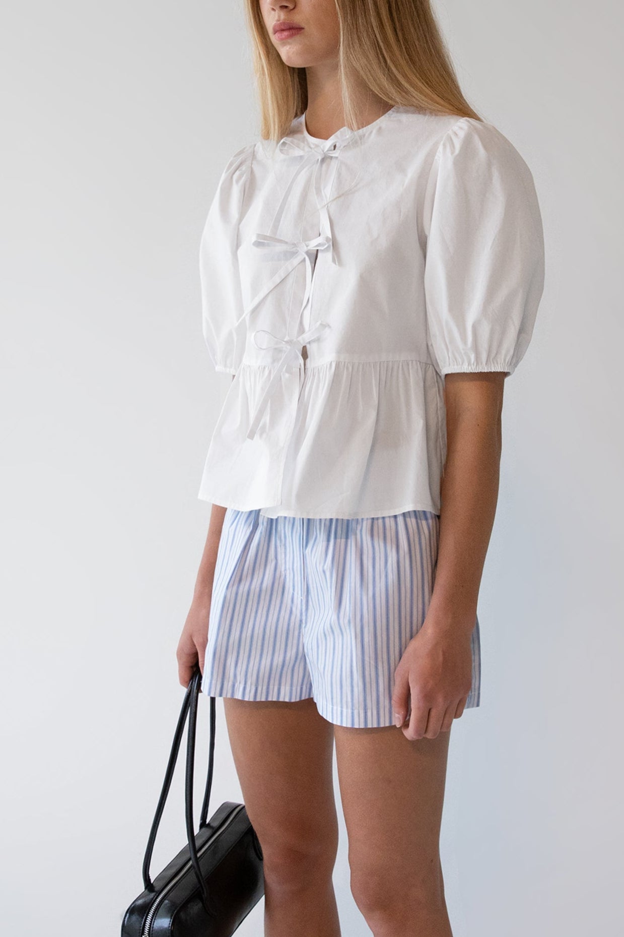 PUFF SLEEVE COTTON POPLIN BOW FRONT BLOUSE