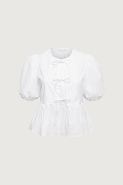 PUFF SLEEVE COTTON POPLIN BOW FRONT BLOUSE