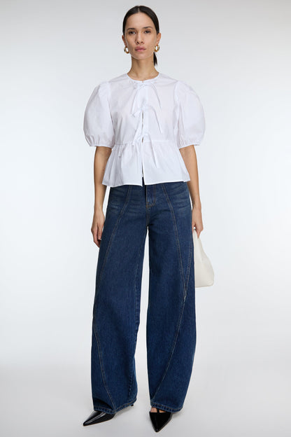 PUFF SLEEVE COTTON POPLIN BOW FRONT BLOUSE