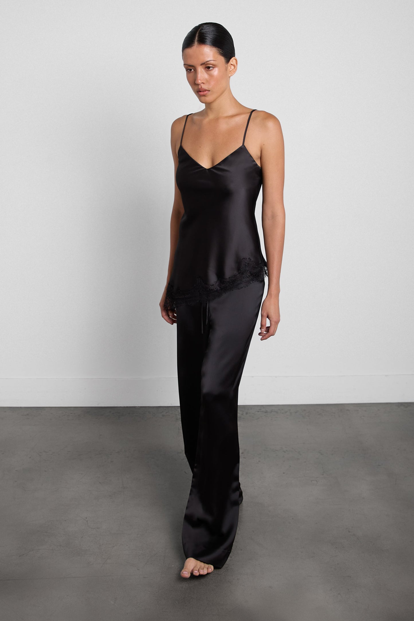 ASYMMETRICAL SATIN LACE TRIM TANK TOP