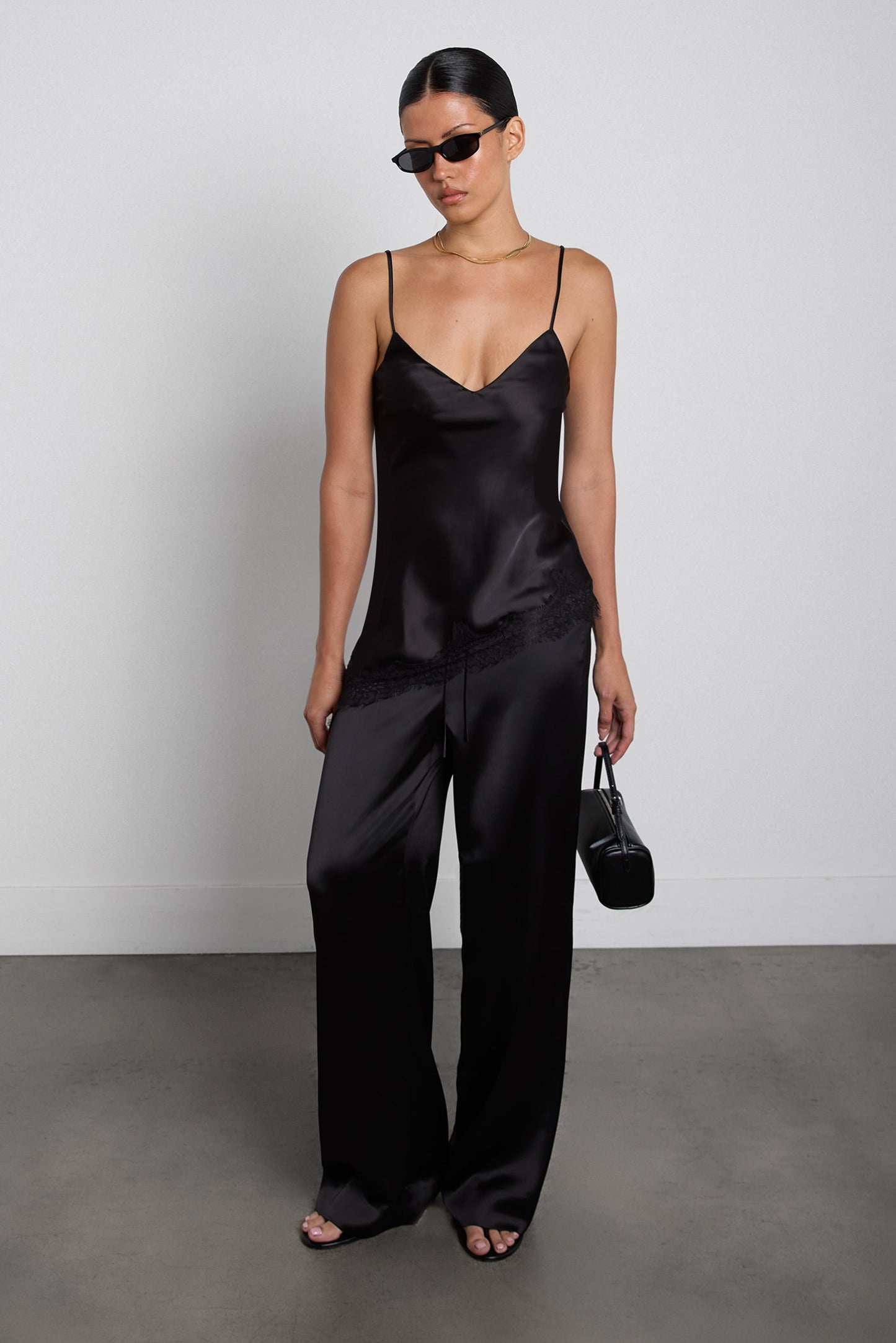 ASYMMETRICAL SATIN LACE TRIM TANK TOP