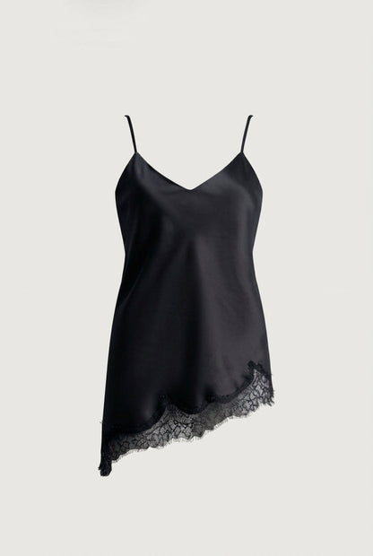 ASYMMETRICAL SATIN LACE TRIM TANK TOP