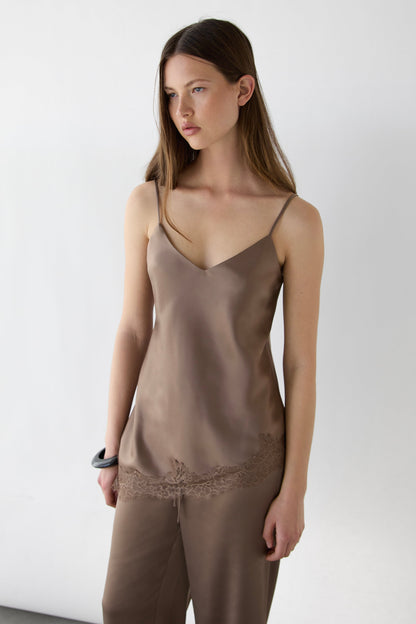 ASYMMETRICAL SATIN LACE TRIM TANK TOP
