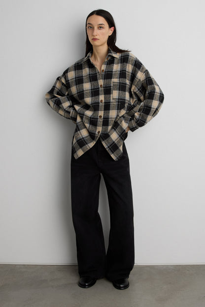 OVERSIZED BRUSHED WOOL PLAID BUTTON UP SHIRT