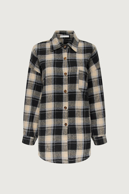 OVERSIZED BRUSHED WOOL PLAID BUTTON UP SHIRT