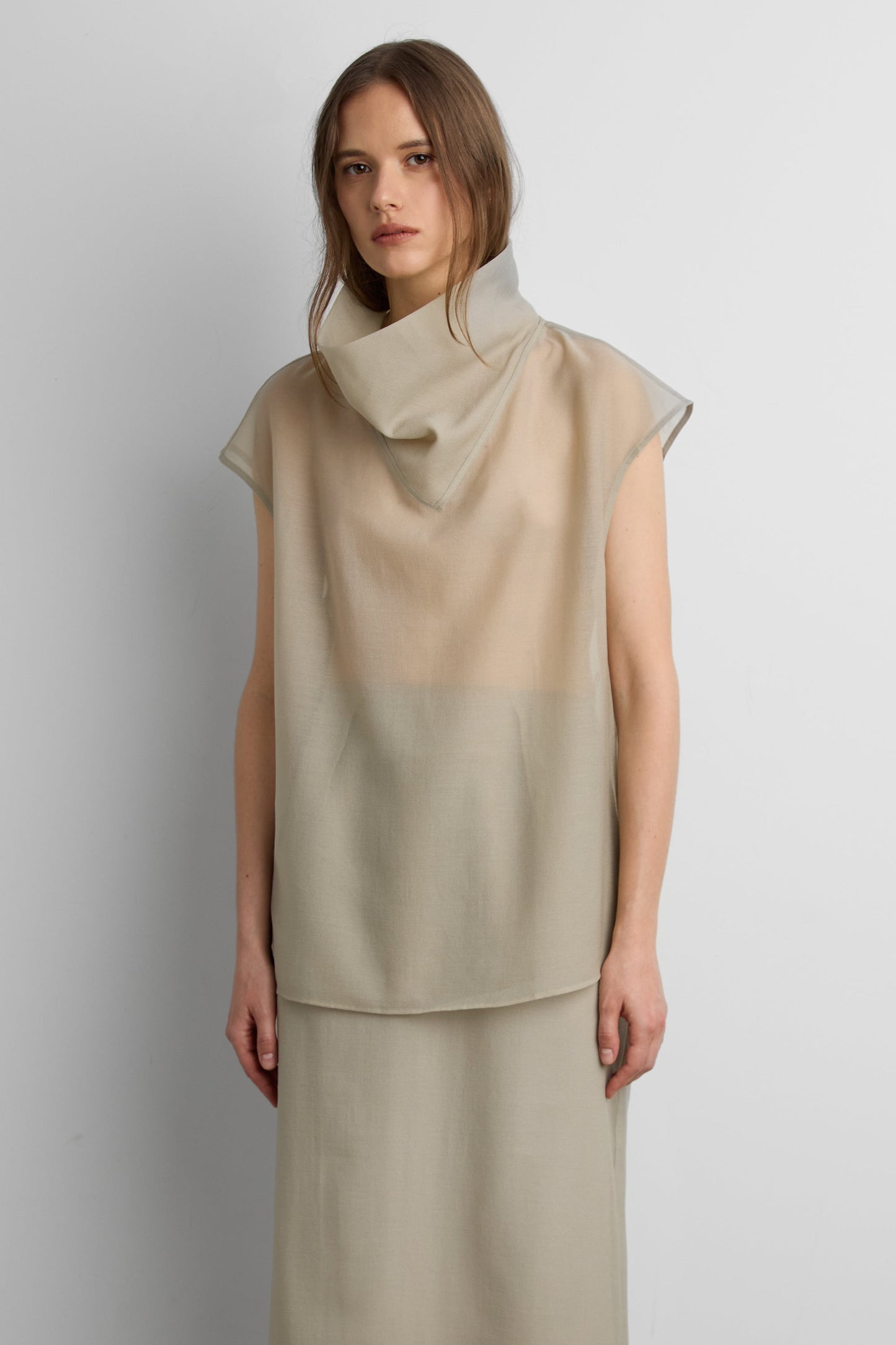 SHEER COWL NECK CAP SLEEVE BLOUSE