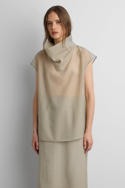 SHEER COWL NECK CAP SLEEVE BLOUSE