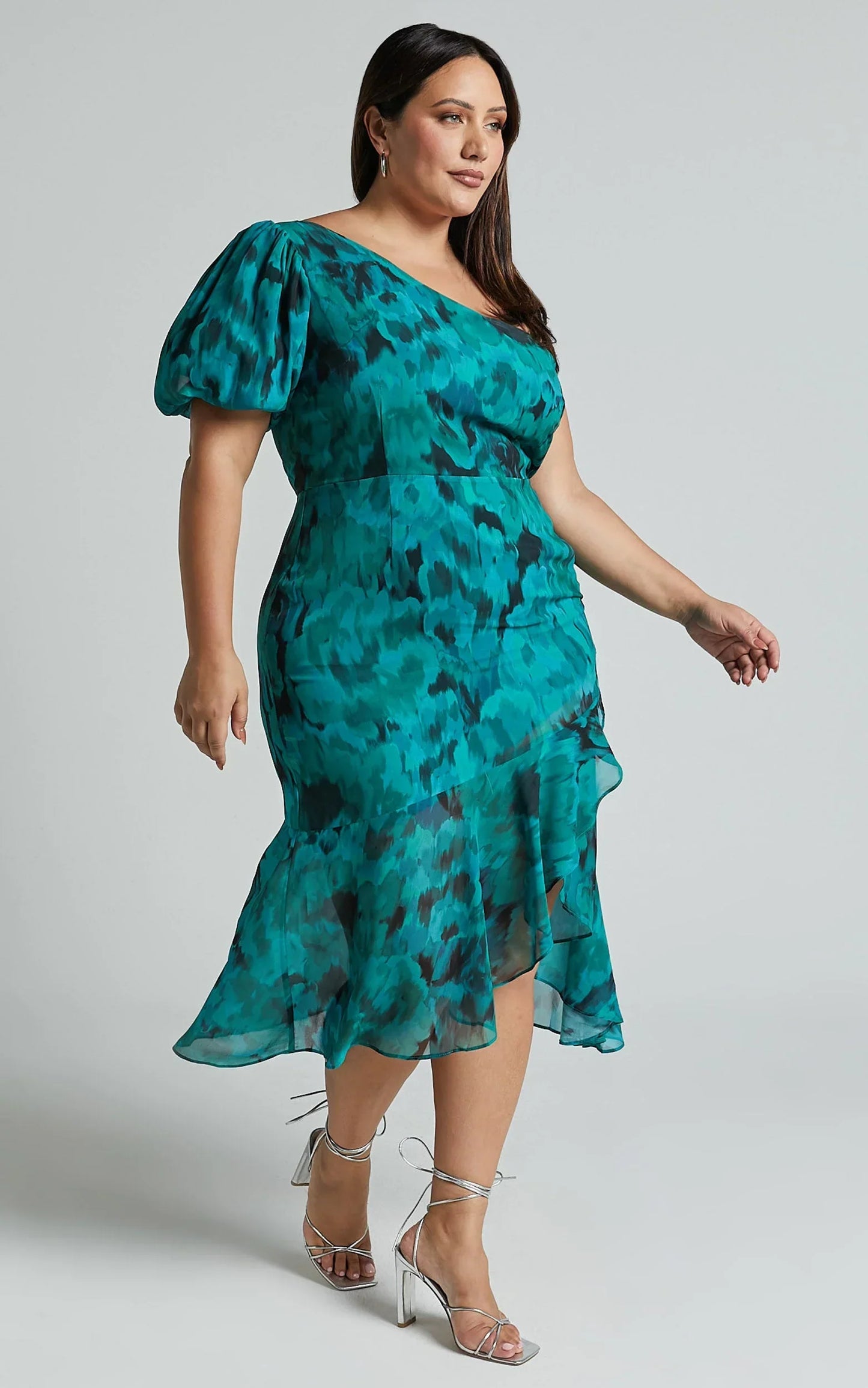 Clabelle Midi Dress - One Shoulder Ruffle Tulip Hem Dress in Emerald Blur Floral