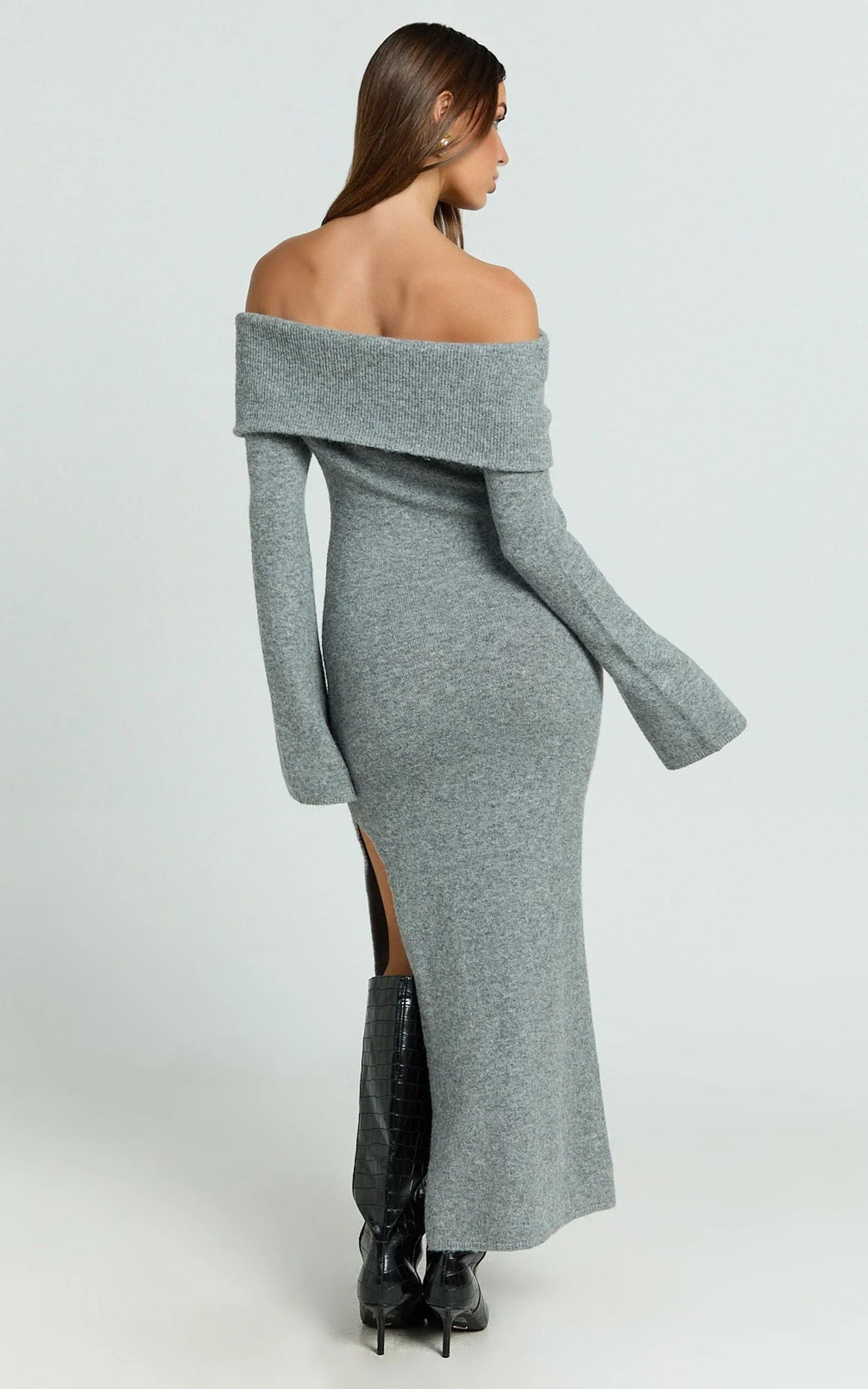 Darcie Midi Dress - Off Shoulder Knitted Long Sleeve Dress in Grey Marle