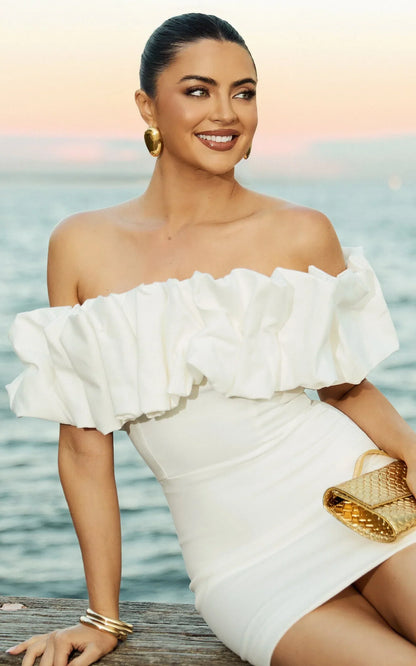Coraline Mini Dress - Ruffle Off Shoulder Fitted Dress in White