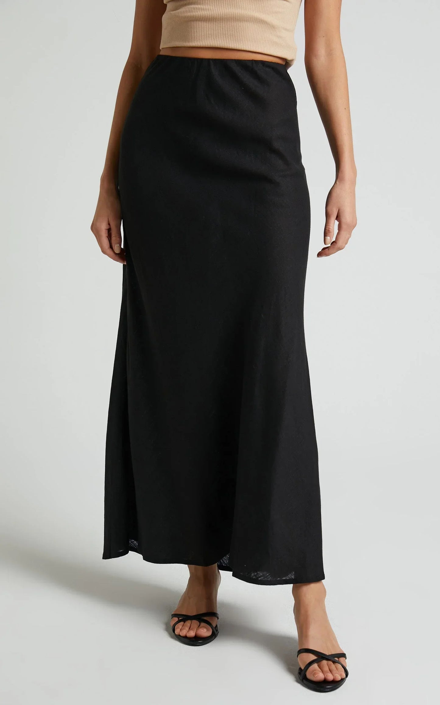 Collins Midi Skirt - Linen Look High Waisted Linen Look Bias Slip Skirt in Black