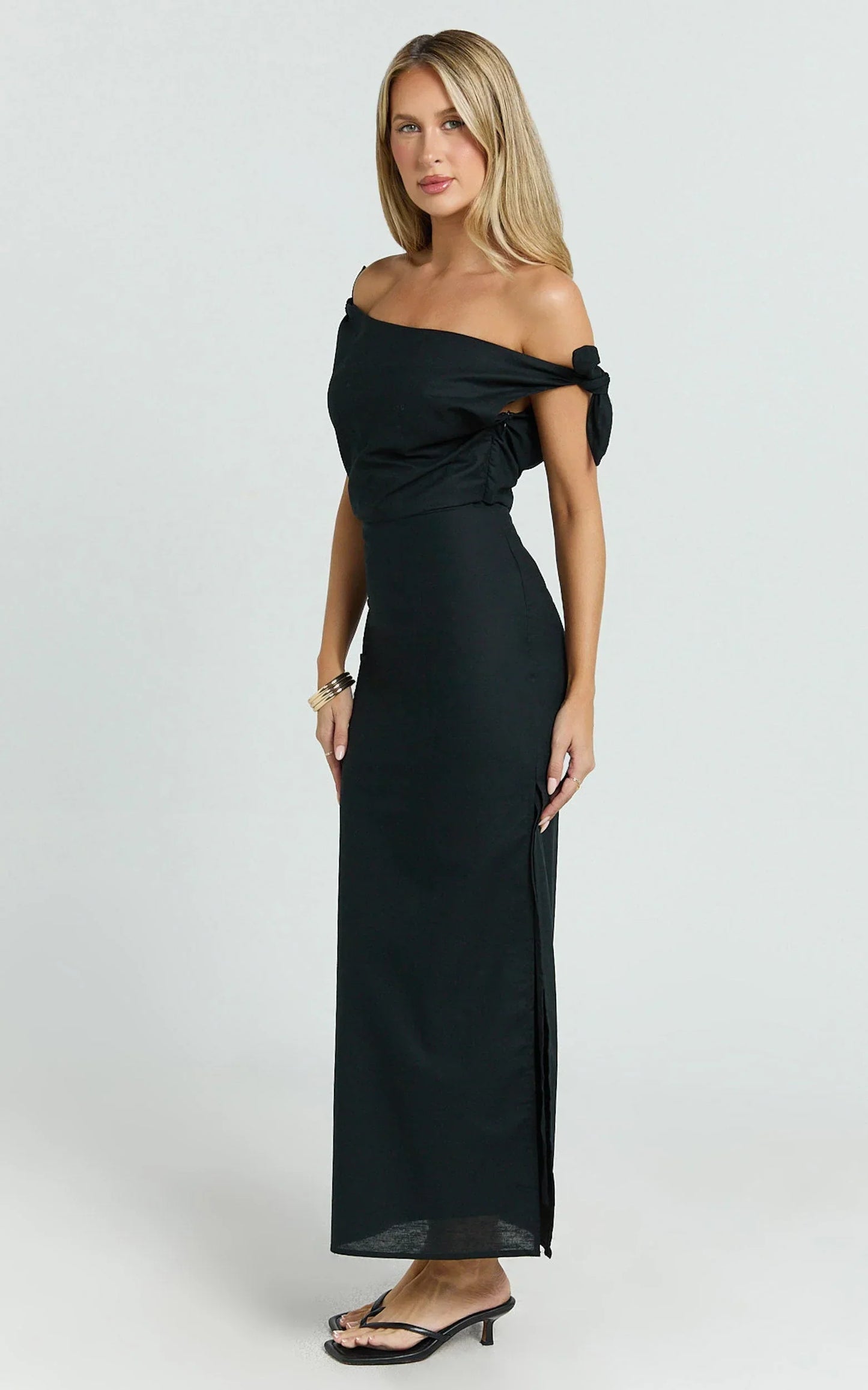 Cincinnati Midi Dress - Off The Shoulder Side Split Column Linen Dress in Black