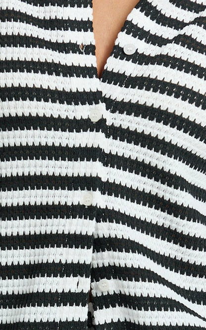 Brenda Top - Textured Stripe Drop Shoulder Button Down Shirt in White/Black