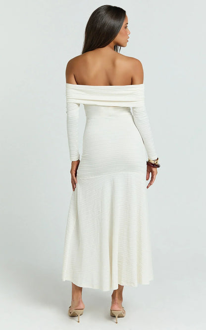 Carissa Midi Dress - Off Shoulder Long Sleeve Flounce Skirt Jersey Dress in Ivory