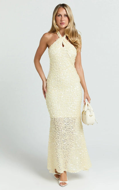 Celeste Maxi Dress - Sequin Halter Low Back Dress in Lemon