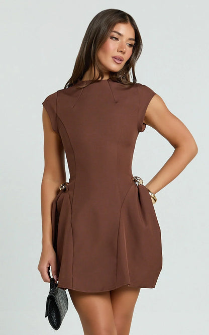 Charlita Mini Dress - Structured Dress with Hardware Detail in Brown