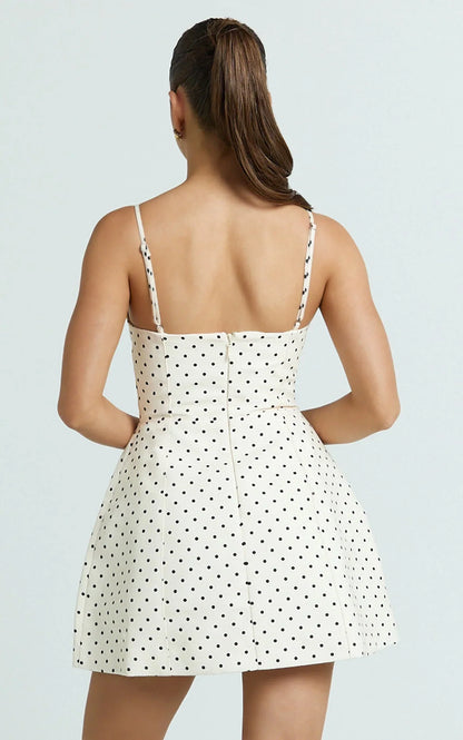 Carolina Mini Dress - Scoop Neck Panel Bodice Dress in White Polka Dot