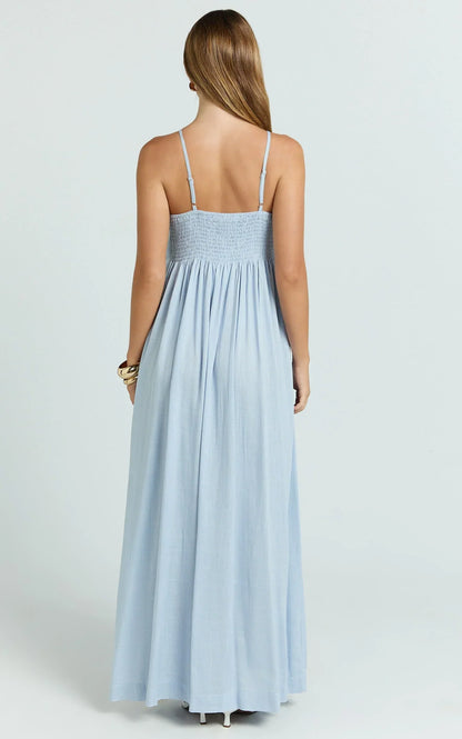 Cloe Midi Dress - Pleated Detail Dress in Blue