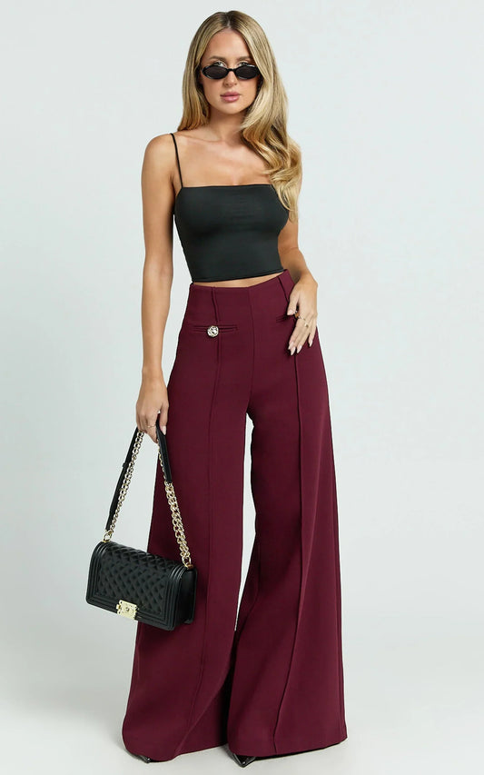 Clara Pants - High Waisted Wide Leg Pants in Wine
