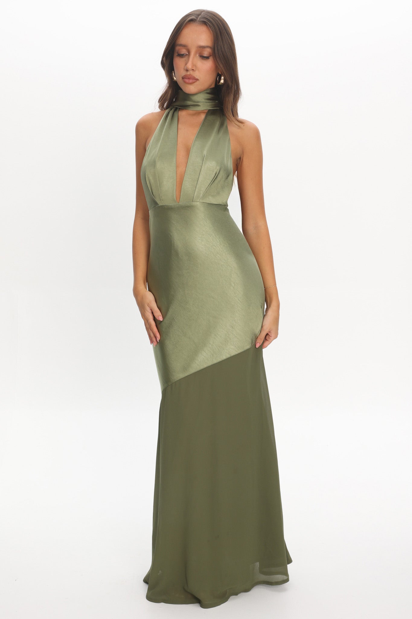 Italia Azure Halterneck Sheer Hem Maxi Dress Olive