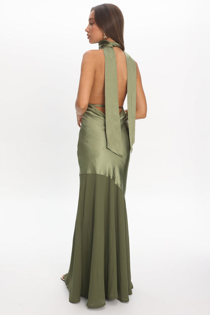 Italia Azure Halterneck Sheer Hem Maxi Dress Olive