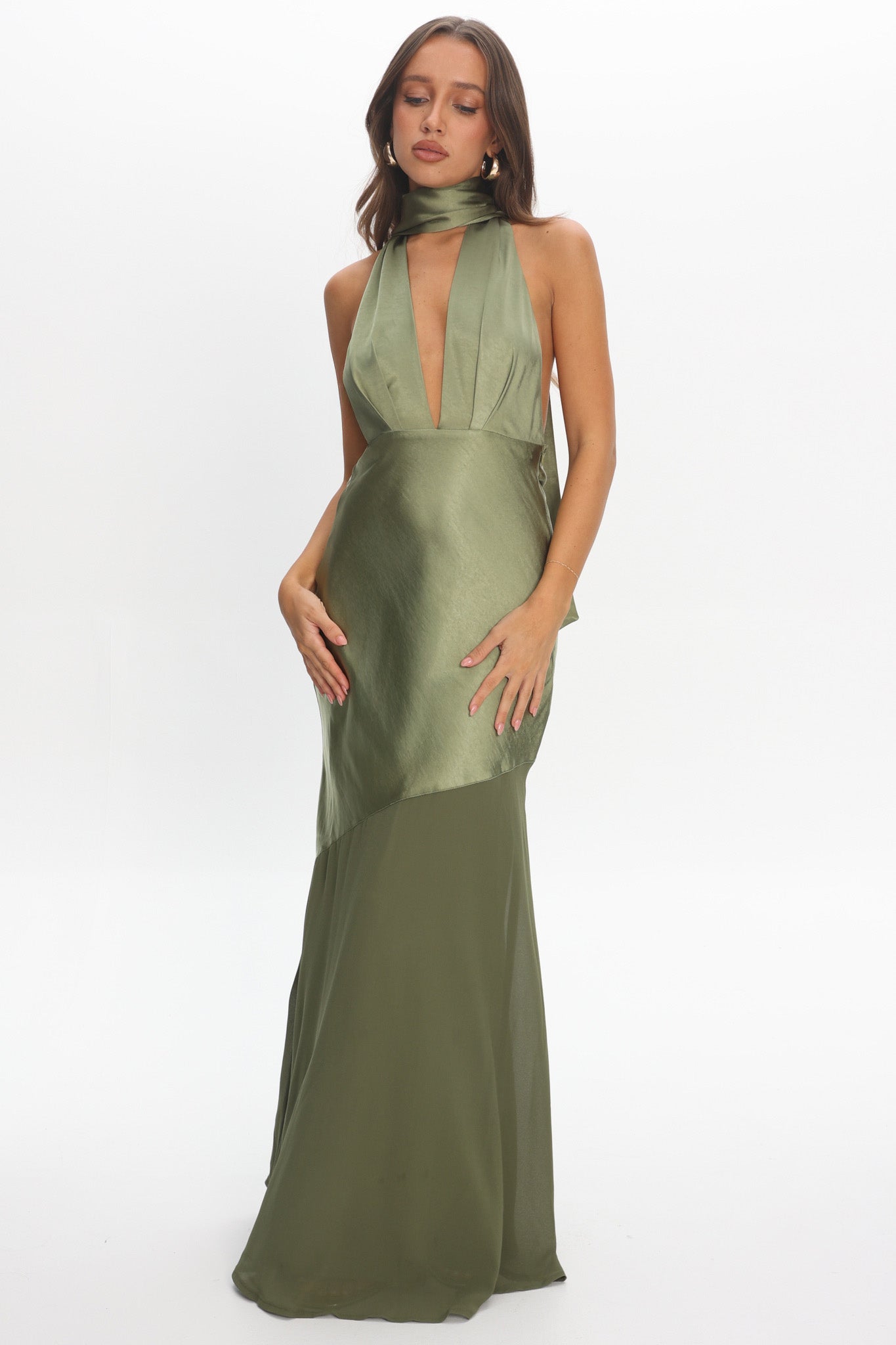 Italia Azure Halterneck Sheer Hem Maxi Dress Olive