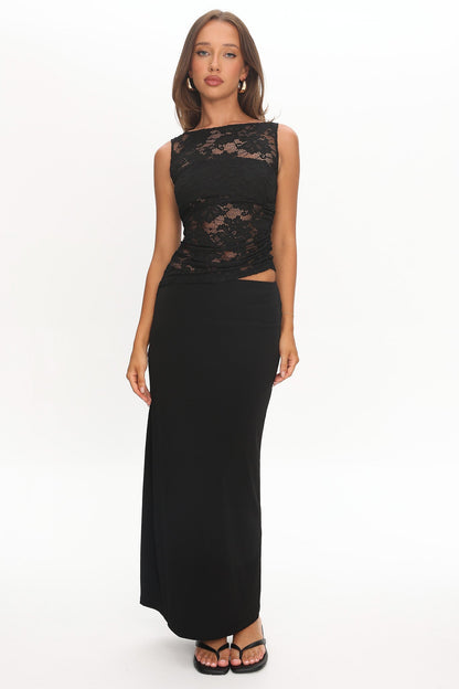 Lorely Ruched Lace Bodice Maxi Dress Black