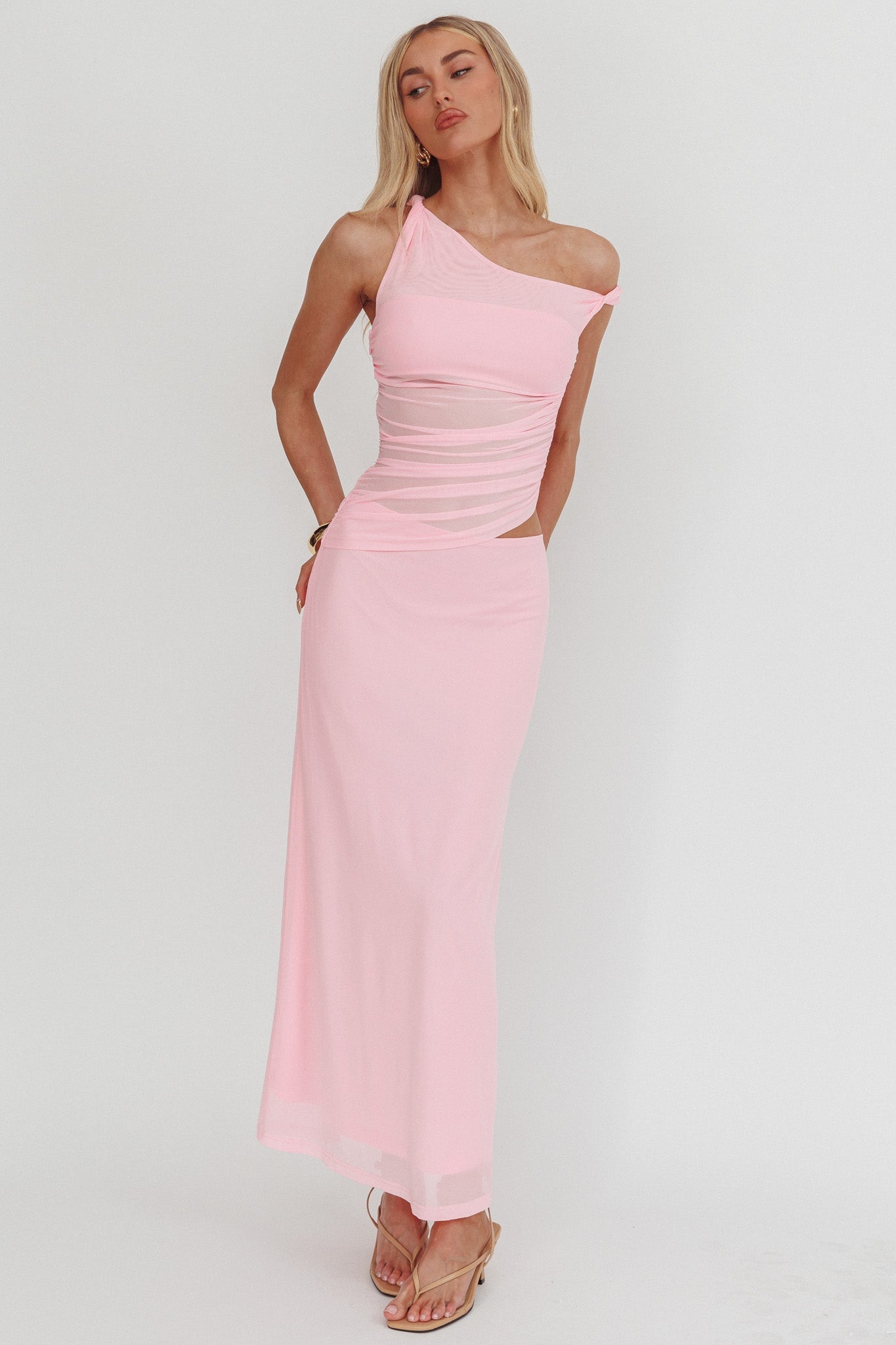 Lorely Ruched Bodice Twist Strap Maxi Dress Pink