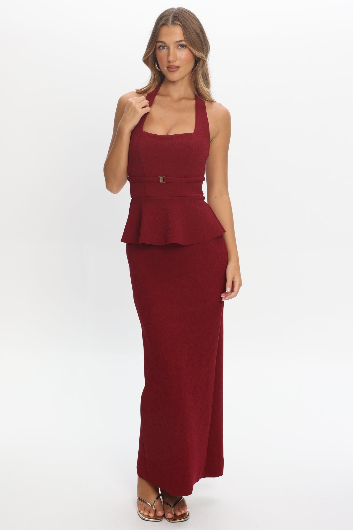 Fire Of Stars Peplum Halterneck Maxi Dress Cherry