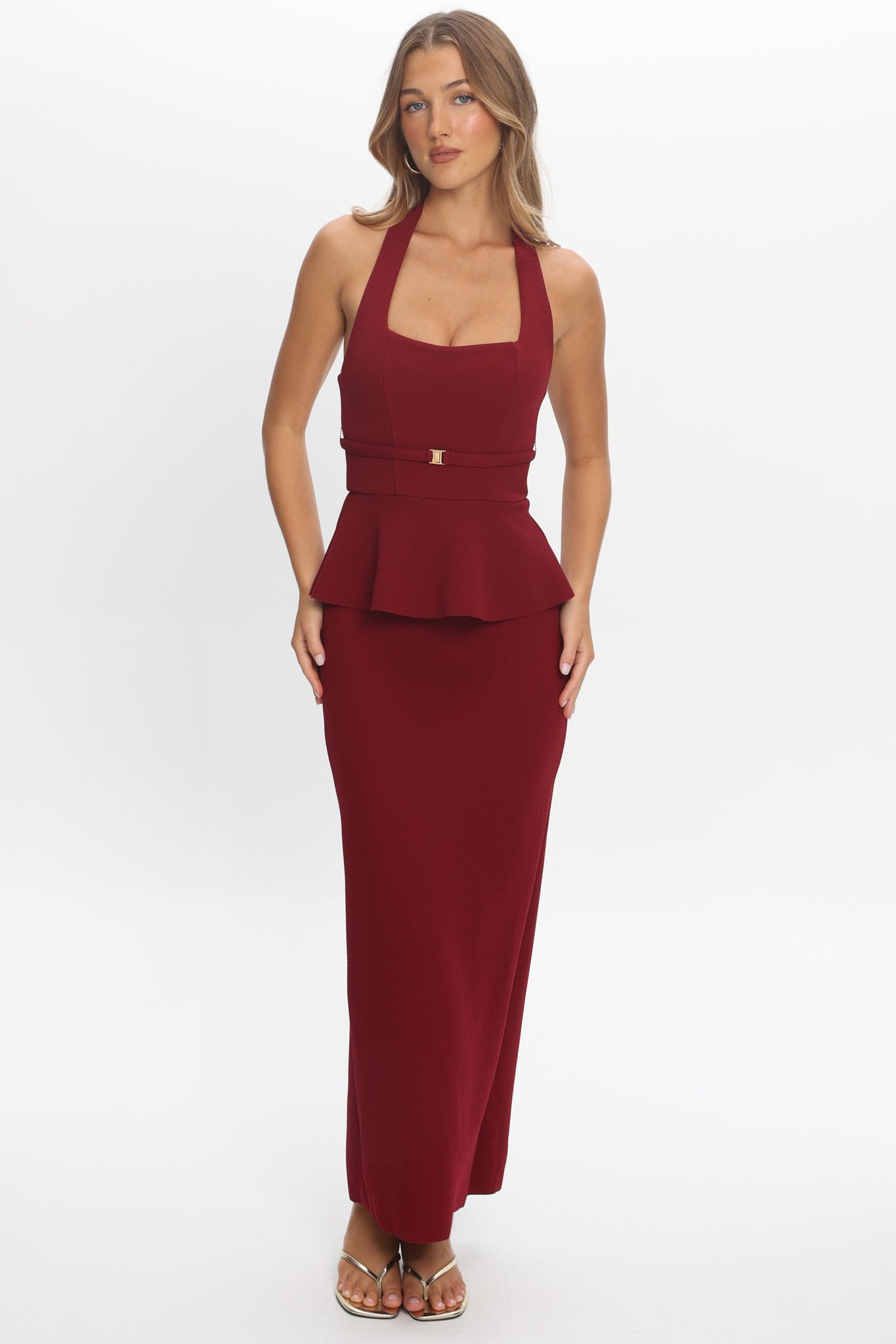 Fire Of Stars Peplum Halterneck Maxi Dress Cherry