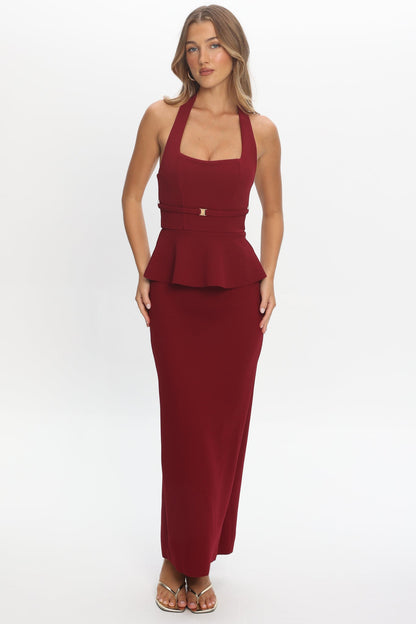Fire Of Stars Peplum Halterneck Maxi Dress Cherry