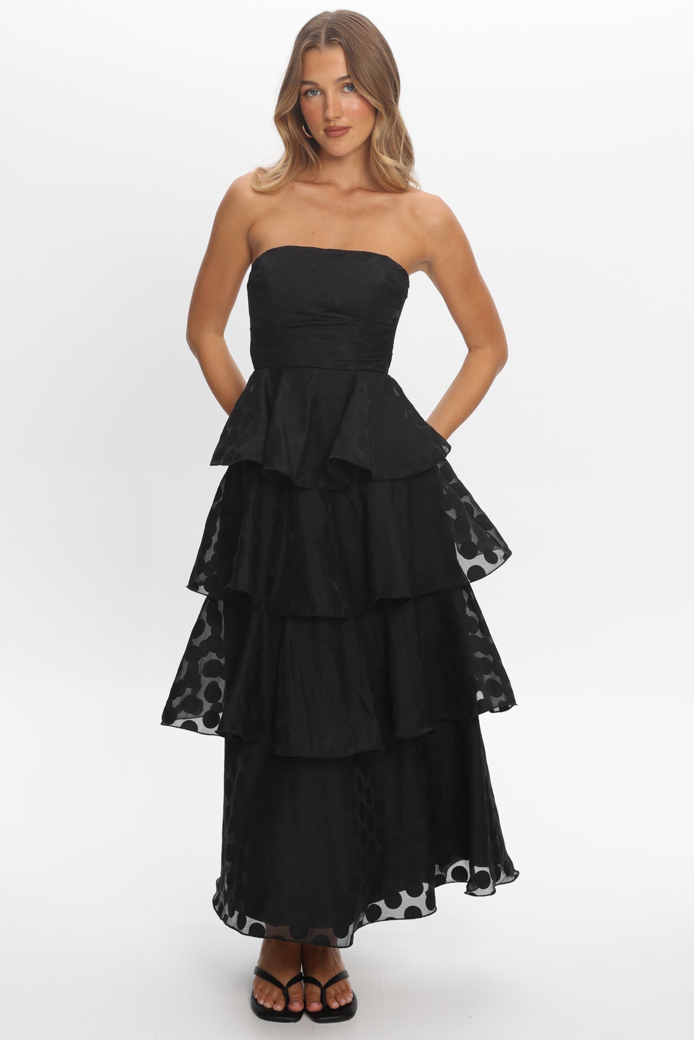 Giavana Strapless Layered Maxi Dress Polka Dot Black