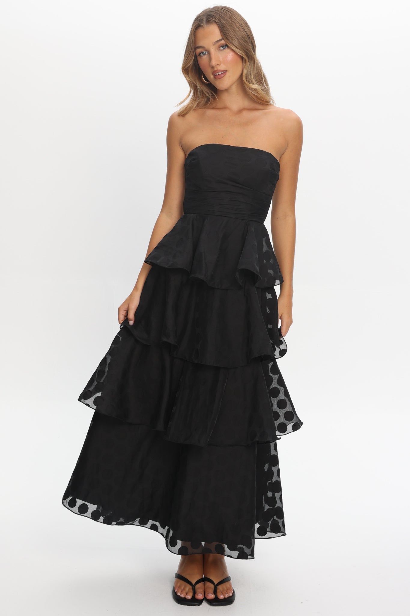 Giavana Strapless Layered Maxi Dress Polka Dot Black
