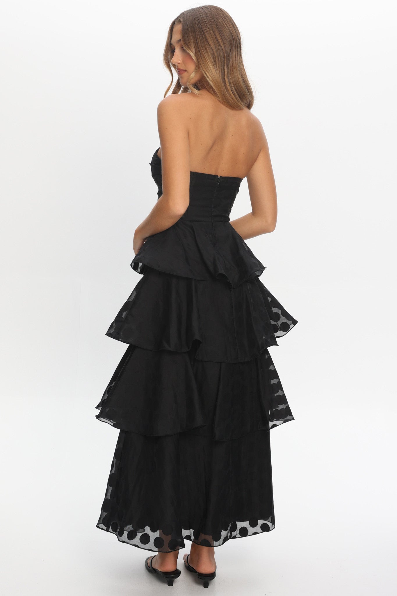 Giavana Strapless Layered Maxi Dress Polka Dot Black