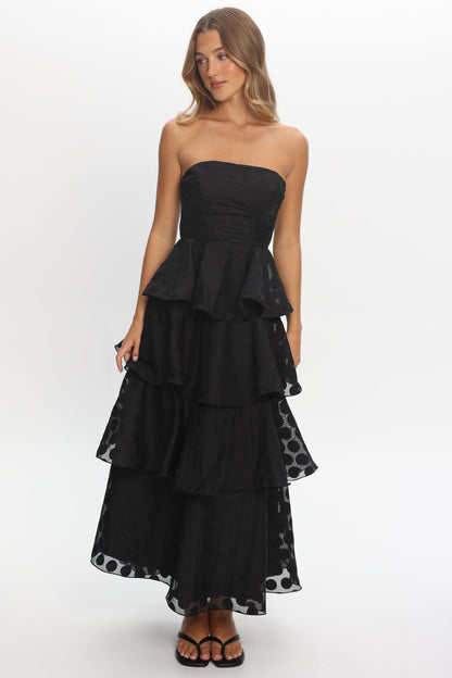 Giavana Strapless Layered Maxi Dress Polka Dot Black