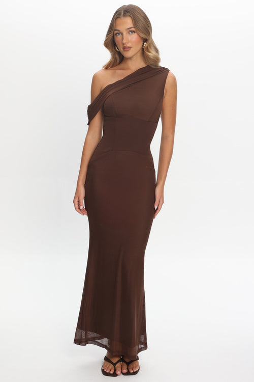 Milos Asymmetric Neckline Maxi Dress Chocolate