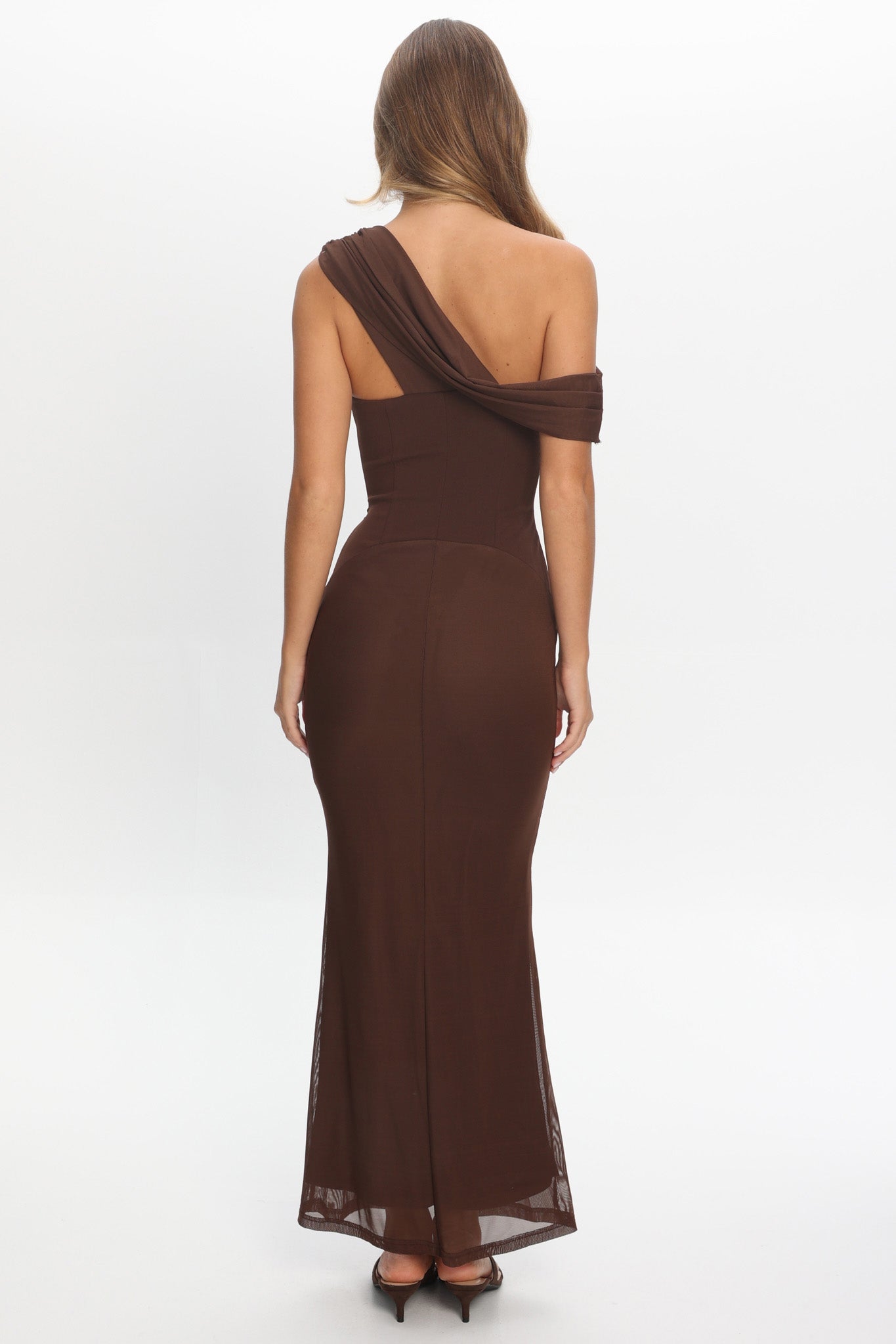 Milos Asymmetric Neckline Maxi Dress Chocolate