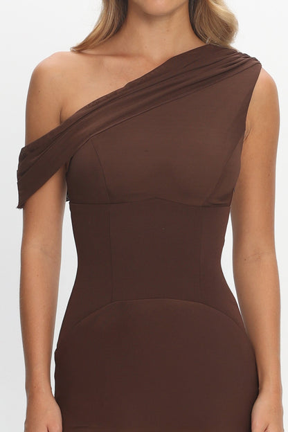 Milos Asymmetric Neckline Maxi Dress Chocolate