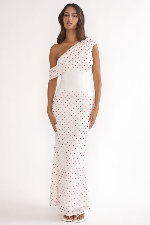 Milos Asymmetric Neckline Maxi Dress Polka Dot Red
